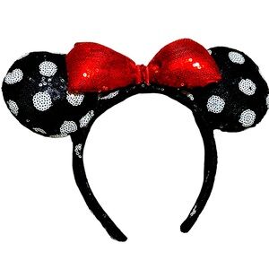 DISNEY Minnie‎ Mouse Sequined Ears Headband Hat Polka Dot Black White Red Black
